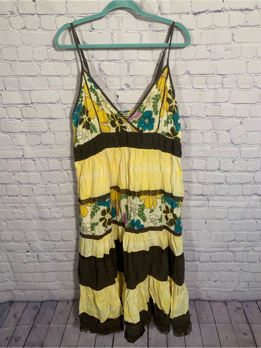 Magic Womens Patchwork Tiered Slip Style Maxi Dress Yellow Brown Sz 3X Festival